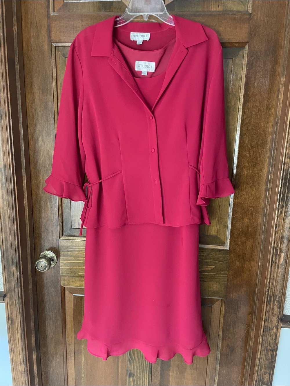 Studio 1 lined sheath dress with jacket, fuscia, mid-calf length, size 14